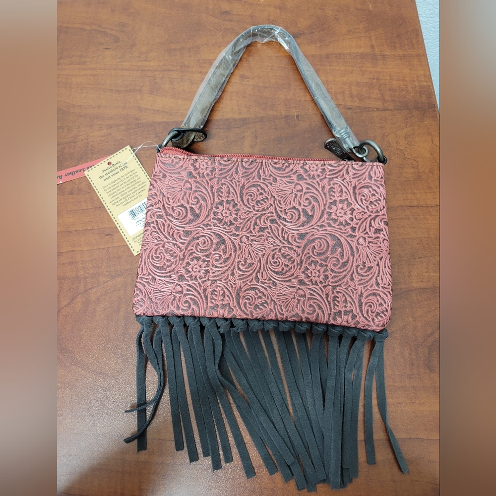 Justin Boots Red and Brown Shoulder Fringe Handbag Nwt